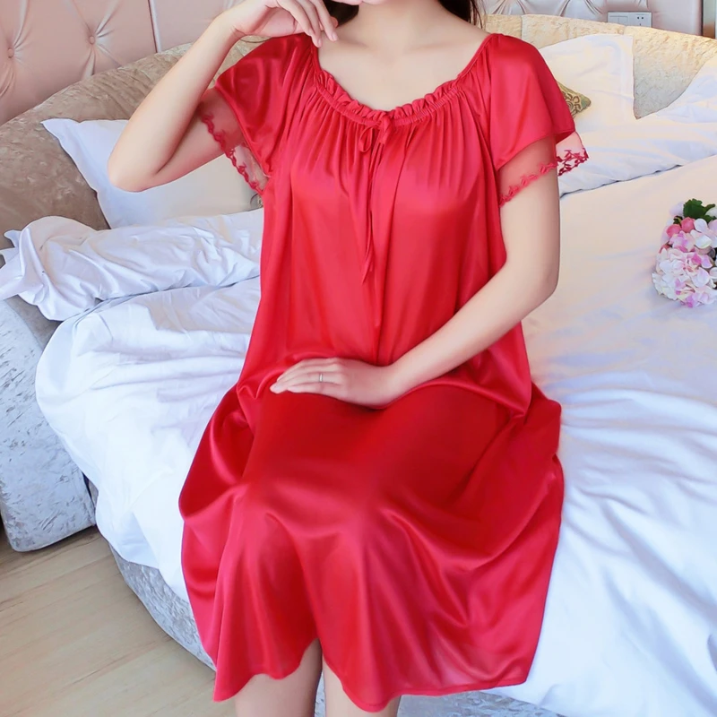 Women Night Gowns Sleepwear Lace Patchwork Nightwear Long Sleeping Dress Casual Ladies Home Dressing