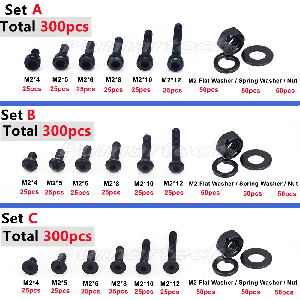 High-quality 300pcs M2(2mm) Alloy Steel Hex Socket Screws Bolt Hex Nuts Washer Assortment Kit Hardware Fastener