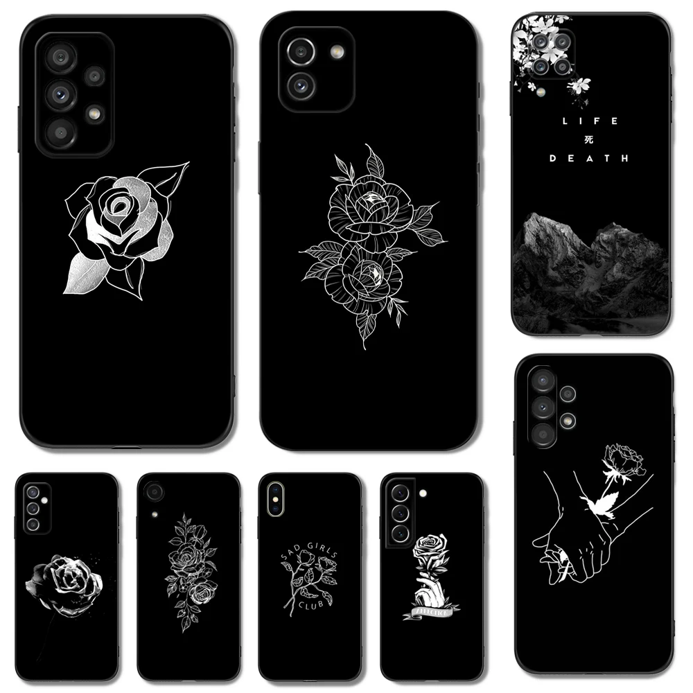 Custodia In Tpu Nero Per Samsung Galaxy S23 S22 S20 S21 Fe Plus Ultra + S10 E Lite Cover Black White Rose Flower