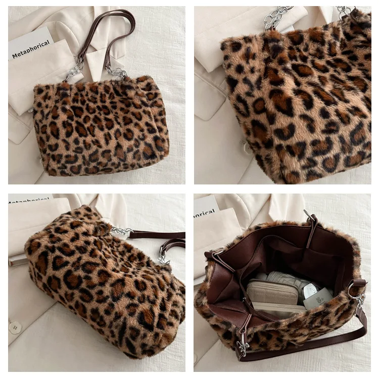 Simple Women's Bag, Fashionable Leopard Print Plush Tote Bag, Warm Soft Handbag Shoulder Bag Suitable for Daily Shopping Work