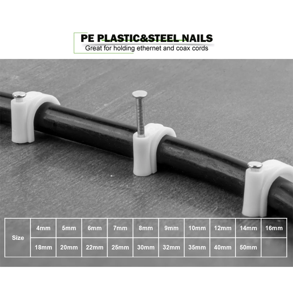 100PCS 4/5/6/7/8/9/10/12mm Circle Nail Clip Wire Management Clamp White Fixing Round Steel Nail Wall Hanging Cable Clips cable clip cable clamp