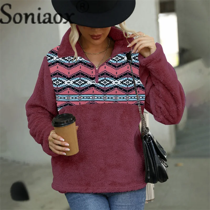 Autumn Winter Thickened Fluffy Fabric  Half Open Zipper Stand Neck Sweatshirt Female Loose Pocket Hoodie Women's Warm Outerwear