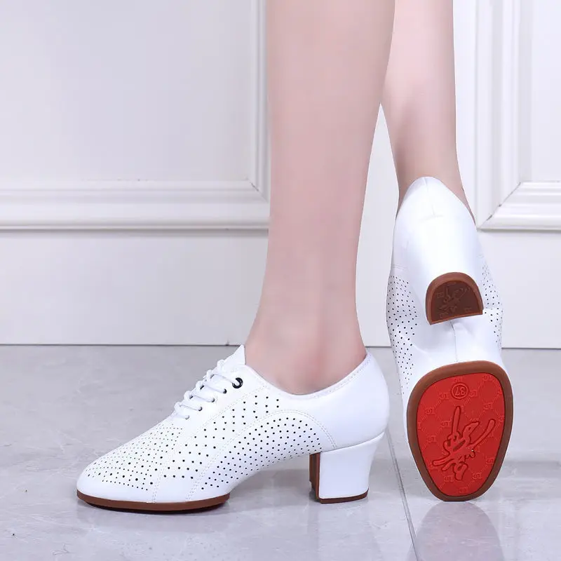 Cowhide Shoes Women soft Rubber sole Latin Dance Shoes Social Dance Shoes Four Seasons square Breathable Perforated Shape