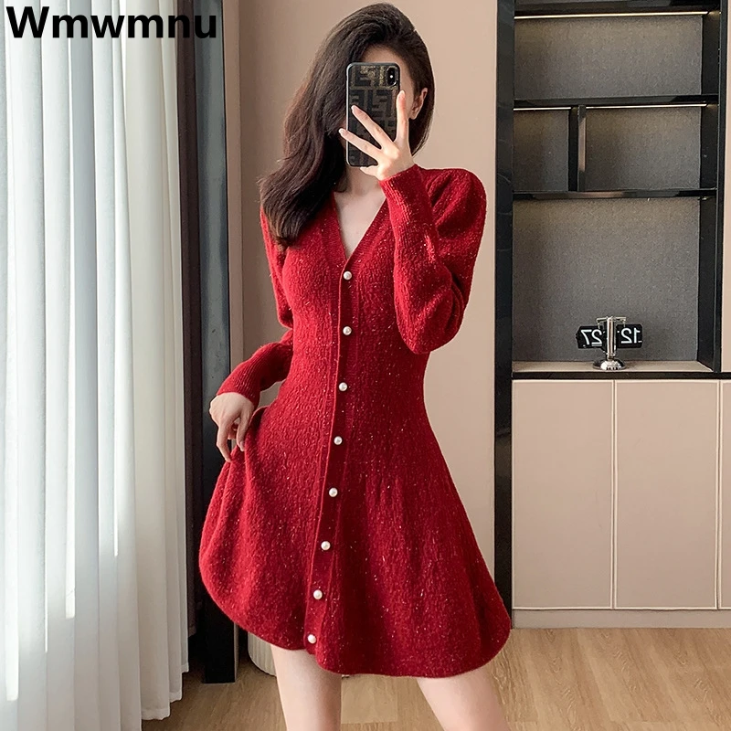 

Sequins V-neck Knitted Party Dress A-line Korean Sweater Dresses Single Breasted Knitwear Vestidos Spring Fall Women Elbise