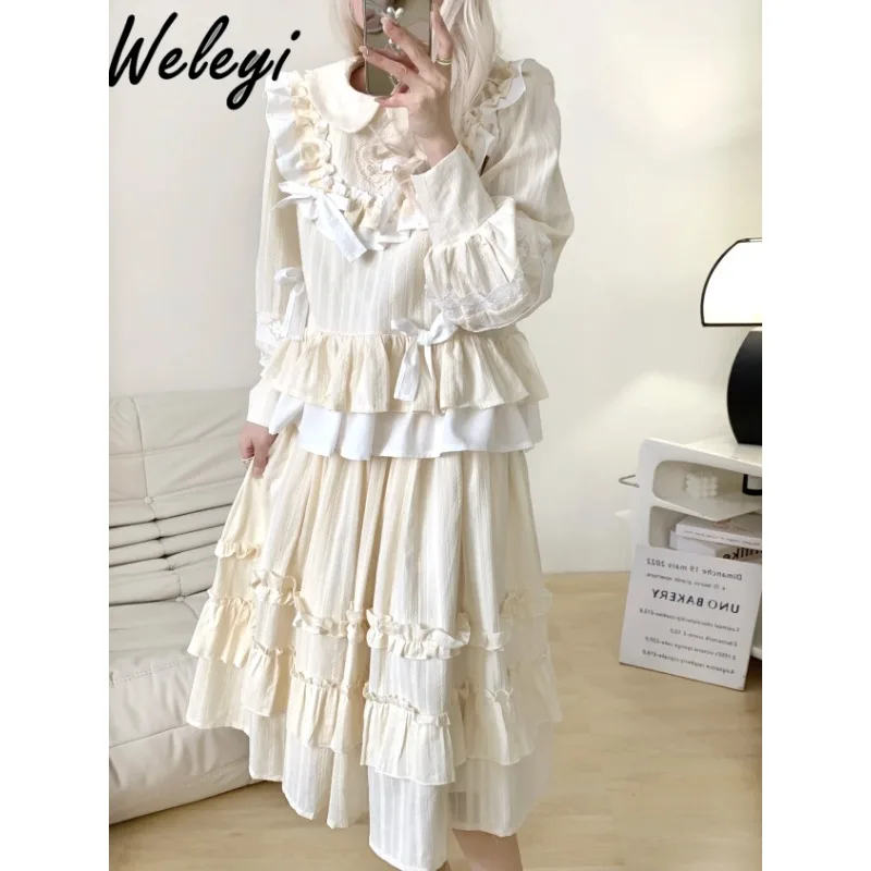 Sweet Lolita Skirt Suit 2024 Summer New Cute and Fashion Cotton Linen Rose Lace Stitching Bow Top Elastic Waist Beige Skirts Set