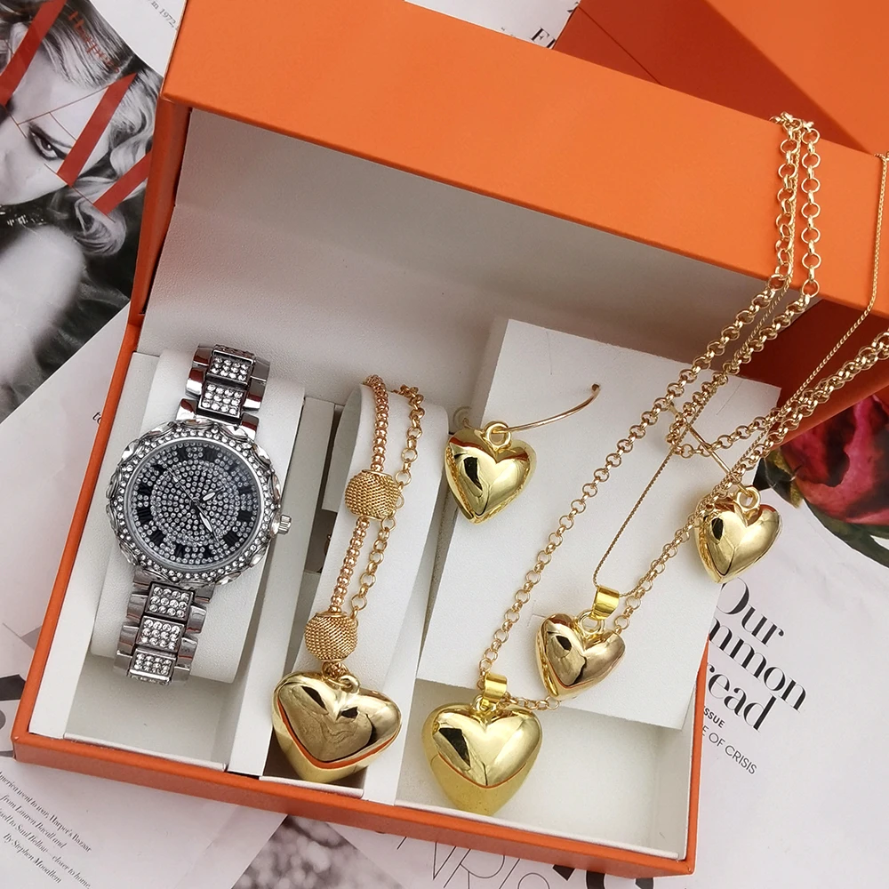 Fashion Luxury Women Bracelet Watches Ladies Gold Diamond Quartz Womens WristWatch Clock Heart Necklace Women Party Jewelry Set