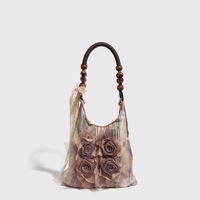

2024 New Fashion Retro Chinese Style Grass and Wood Tie Dyed Rose Blossom Bags Women's Folded Handbag Commuter Underarm Bag