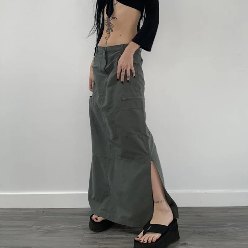 

Half skirt women's low-waist long skirt 2023summer new side slit solid color A-line version casual half skirt y2k Street fashion