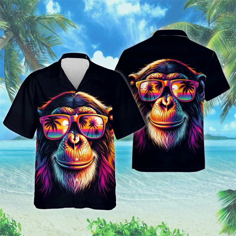 Funny Monkey 3D Printed Beach Shirts Casual Hawaiian Beach Shirt Hip Hop Male Short Sleeve Cute Animal Women Blouses Button Tops