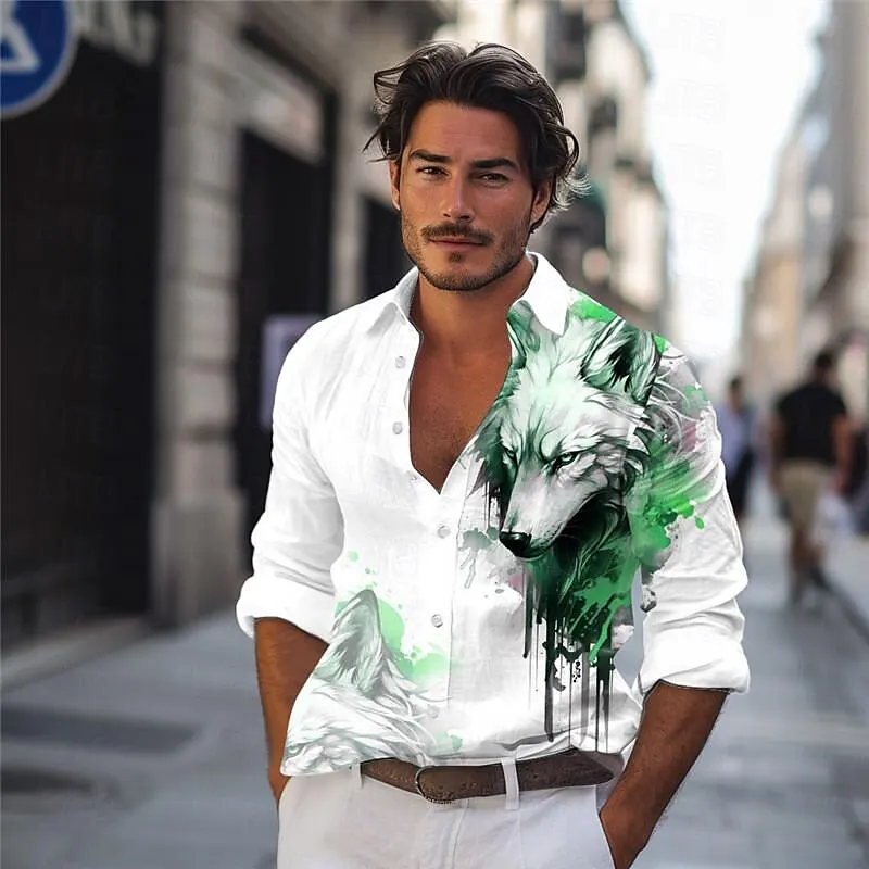 A variety of wolf head animal men's street abstract shirts for daily wear spring and summer lapel comfortable long-sleeved shirt