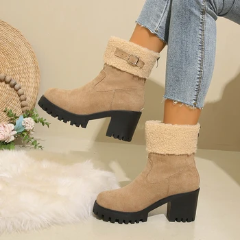 أحذية عصرية ومثيرة كبيرة الحجم دافئة غير رسمية للدراجات النارية بكعب عالٍ جديد للولائم أحذية نسائية مريحة ذات أنبوب متوسط 2