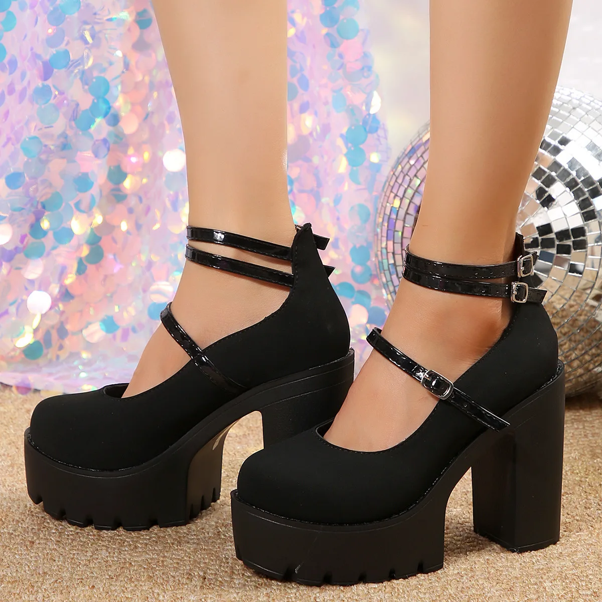 Pumps Women's Chunky Heeled Ankle Strap Sweet Platform Square Heel Woman High Heels Pumps Platform Shoes Spring Woman Shoes