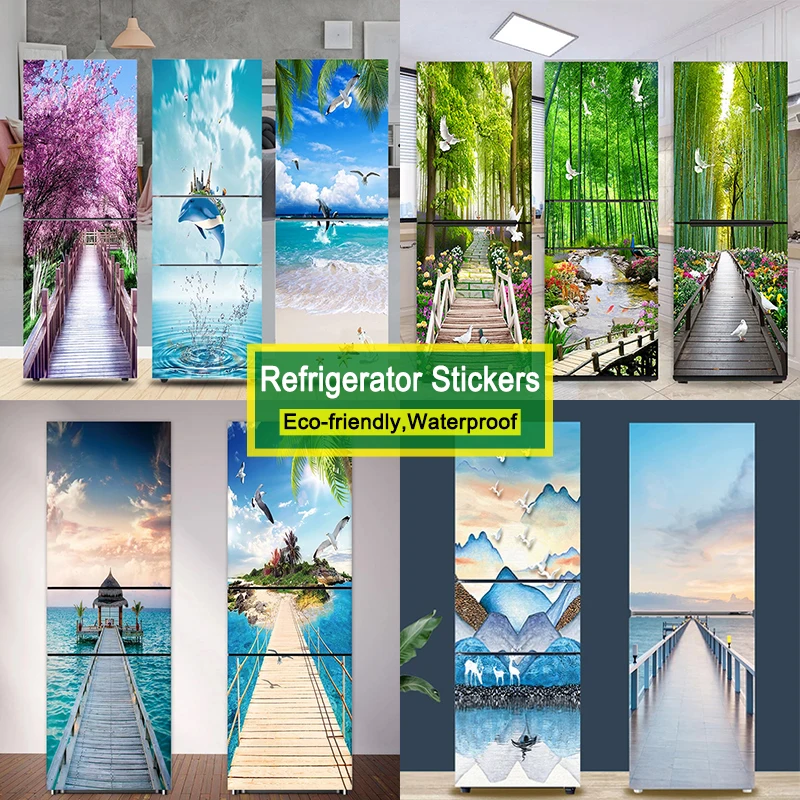 

Seaside Beach Fridge Sticker Door Cover Scenery Refrigerator Wallpaper Self adhesive Stickers PVC Full Freezer Decal Art Mural