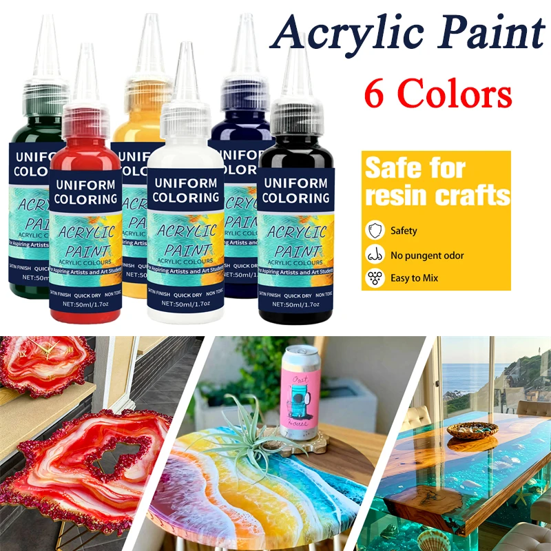 6 Colors Acrylic Paint 50ml/Bottle Satin Finsh Quick Dry Non Toxic Epoxy Resin Pigment Paste For Graffiti Resina Art Painting