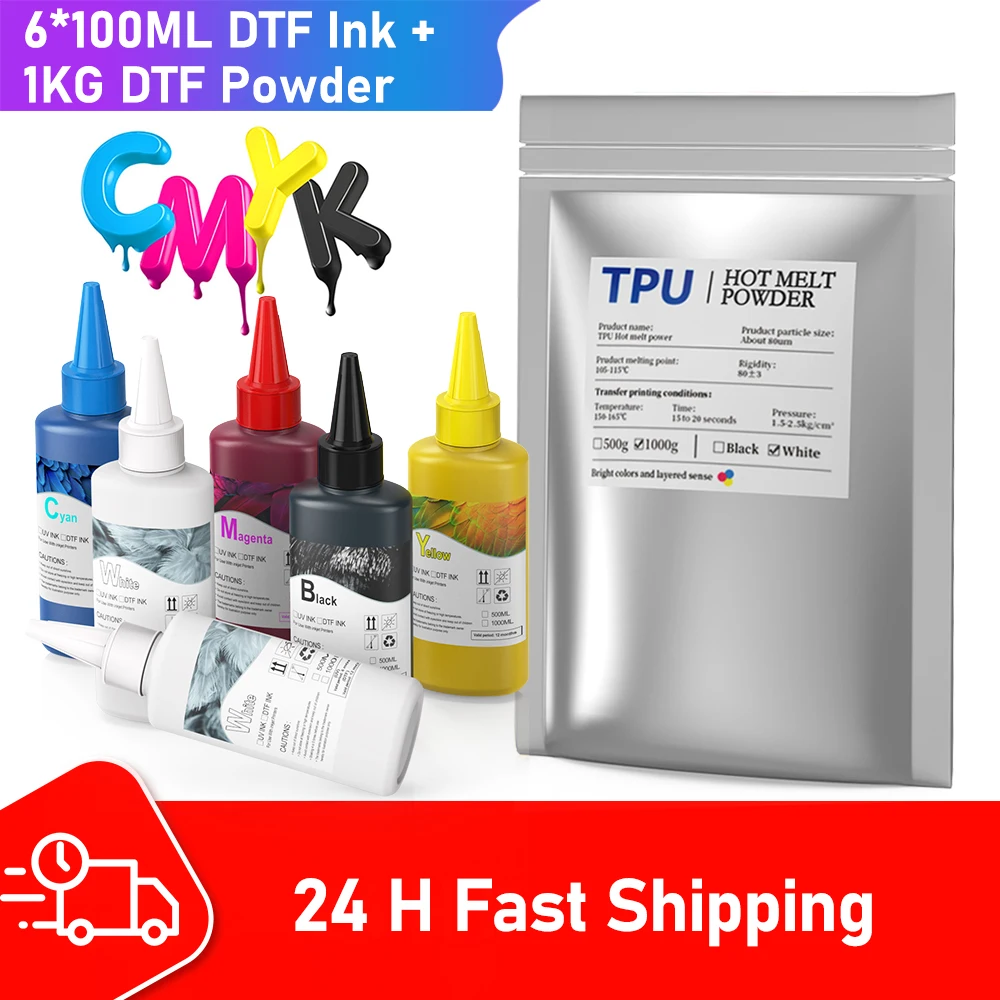 100ML*6 DTF Ink Kit 1KG DTF Powder Hot Melt Adhesive for T-shirt Transfer Printing for Epson L805 L1800 XP600 Printer Ink