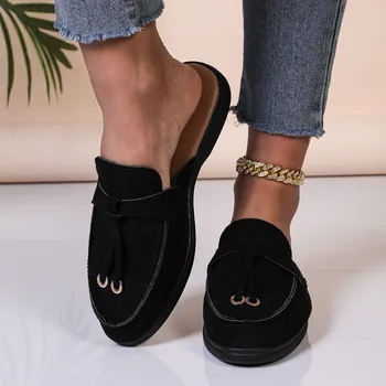 2025 Spring and Autumn New Fashionable Versatile Shoes Women Soft Flannelette Retro Lazy Step Thick Flat Comfortable Slippers 1