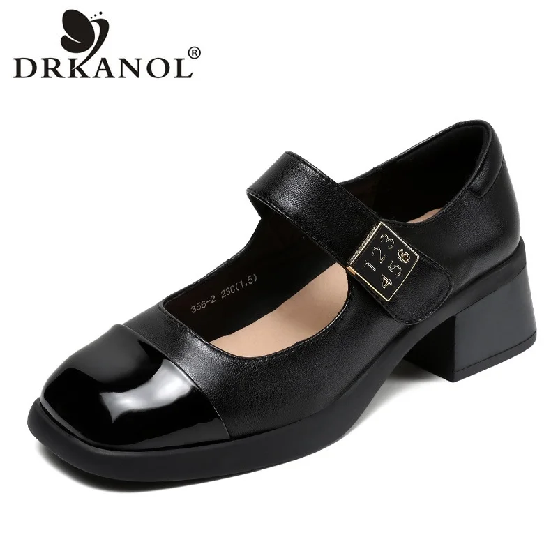 

DRKANOL 2024 Fashion Women Pumps Patent Leather Quality Sheepskin Mary Janes Shoes Ladies Metal Shallow Thick Heel Casual Shoes