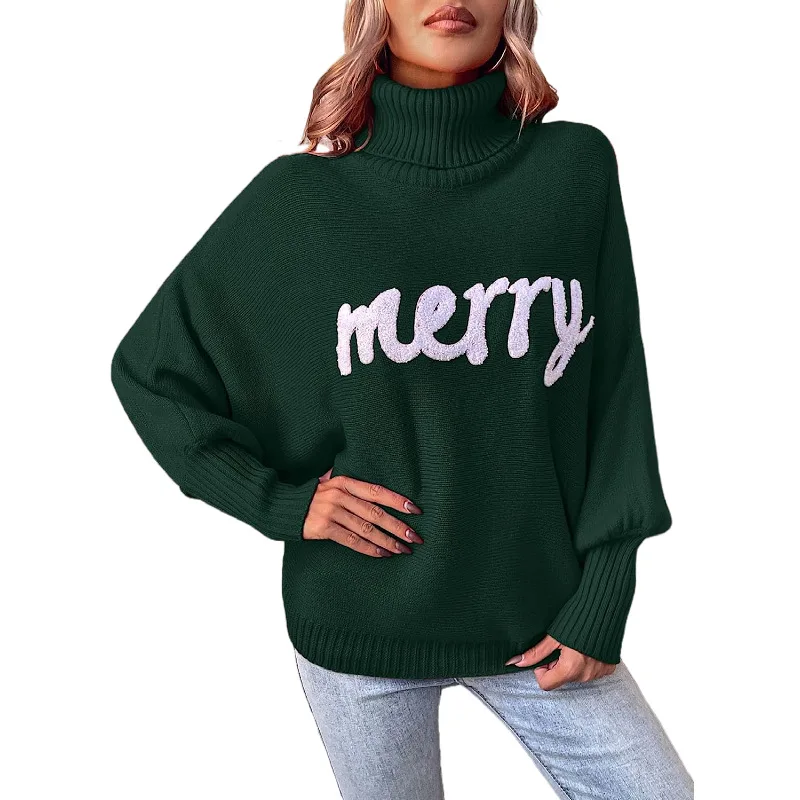 thumbnail image 2 of Suéter de punto holgado con mangas de murciélago y cuello alto para mujer, elegante, cálido, para otoño e invierno, primavera y año nuevo, moda navideña, 2 of 5