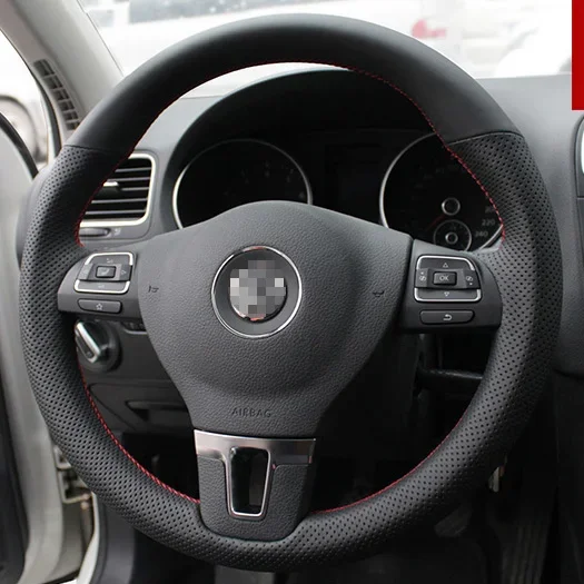 

For VOLKSWAGEN Golf 6 High Quality Hand-stitched Anti-Slip Black Leather Red Thread DIY Steering Wheel Cover