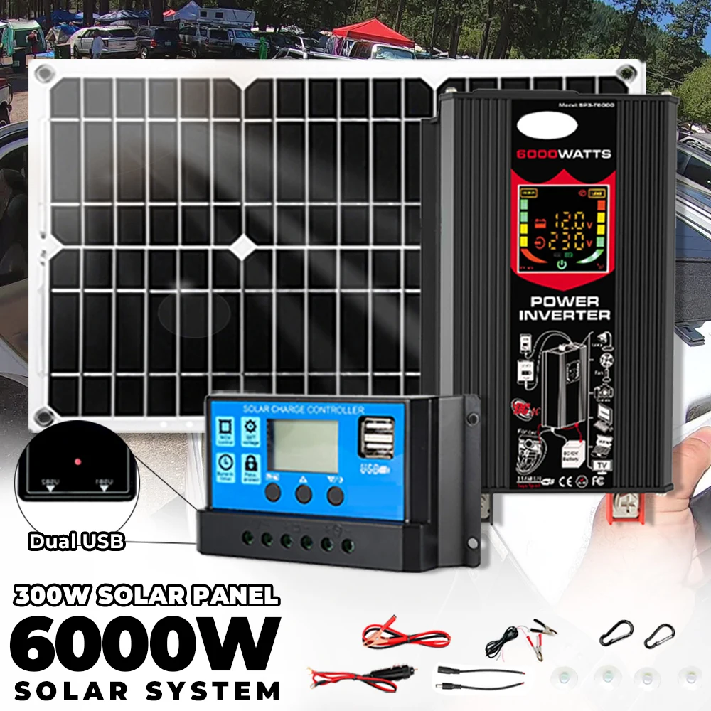 6000W Inverter 12V to 220V/110V 30A Controller 300W Solar Panel Smart Charge Camping For Car RV Solar Series System Combination solar inverter,solar panel kit,solar power panel kit