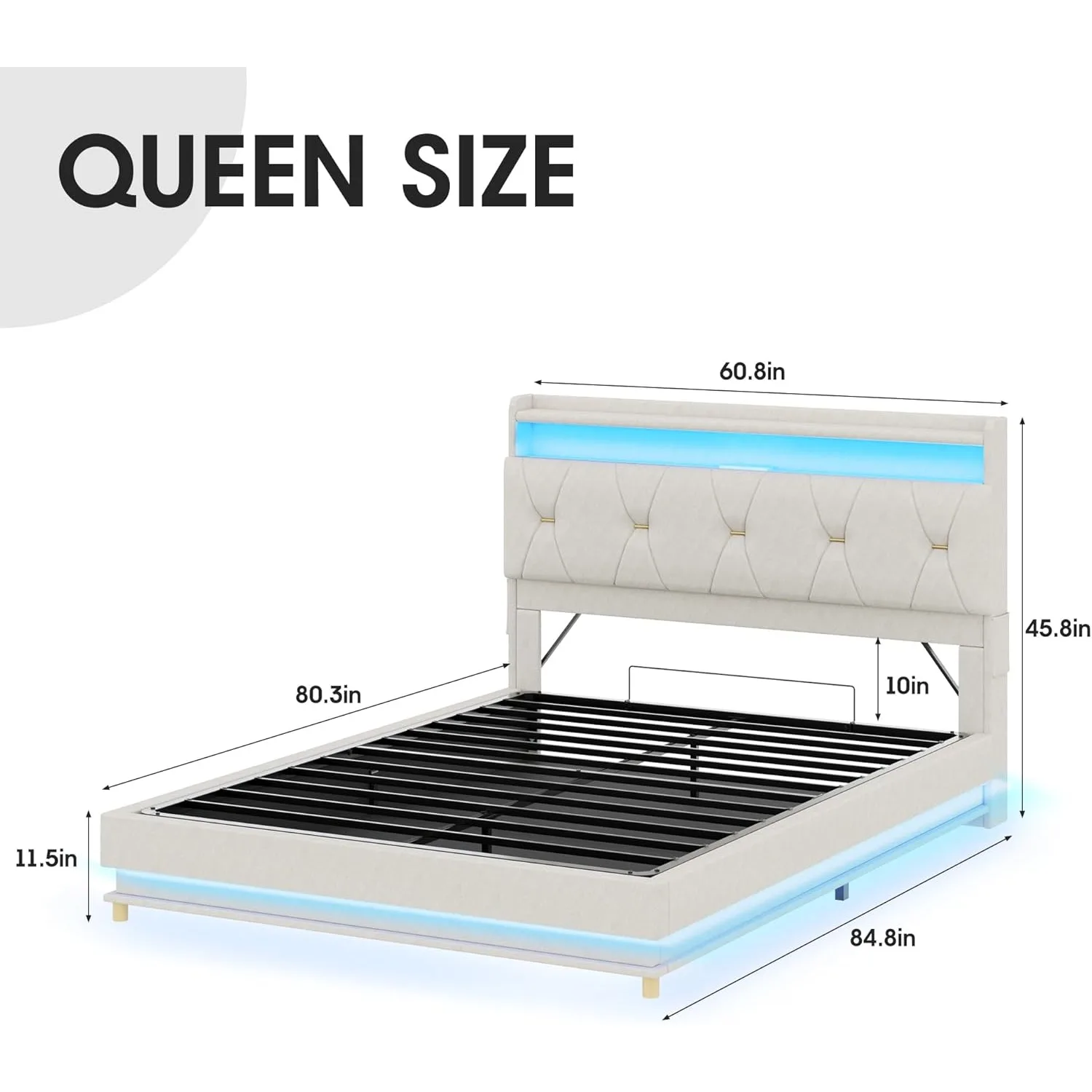 Queen Size Lift Up Bed Frame, Storage Headboard with Charging Station, LED Lights Upholstered Platform Bed, No Box Spring Needed 2