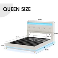 Queen Size Lift Up Bed Frame, Storage Headboard with Charging Station, LED Lights Upholstered Platform Bed, No Box Spring Needed 2