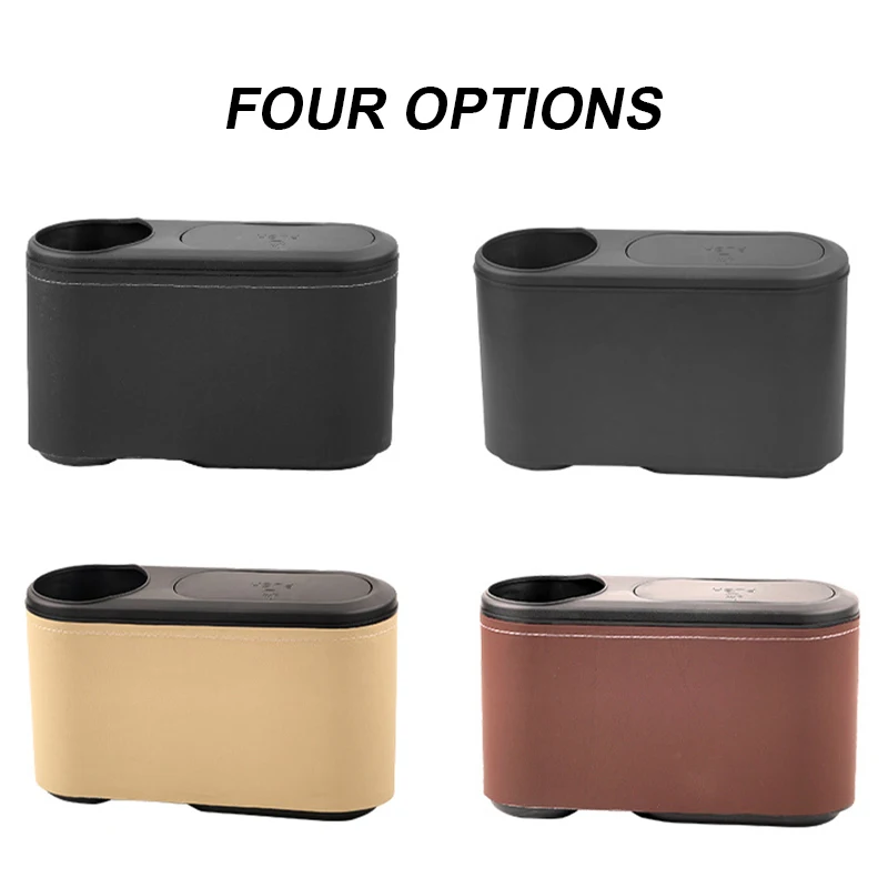 Leather ABS Car Trash Can Hanging Bin with Drink Holder