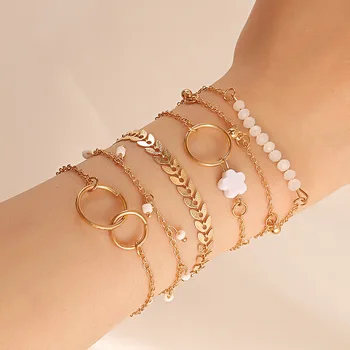 6 Piece Set Gold color Geometric Bracelet Flower Tassel Leaf Circle Bracelets For Women Bracelets & Bangles Jewelry Set 1CF3