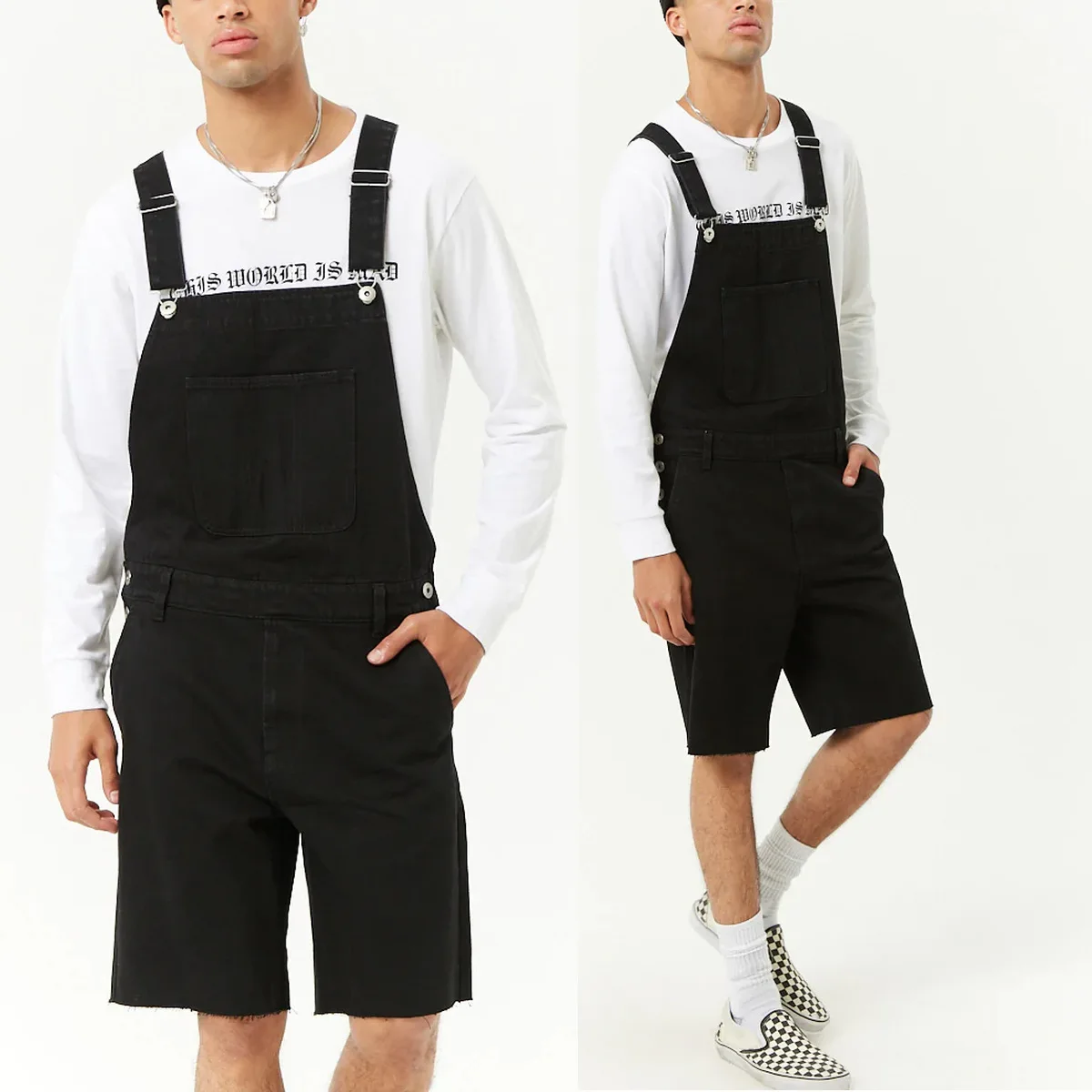 Retro Mens Jeans Denim Ripped Shorts One-piece Overalls Bib Knee Length Pants Black Jumpsuit