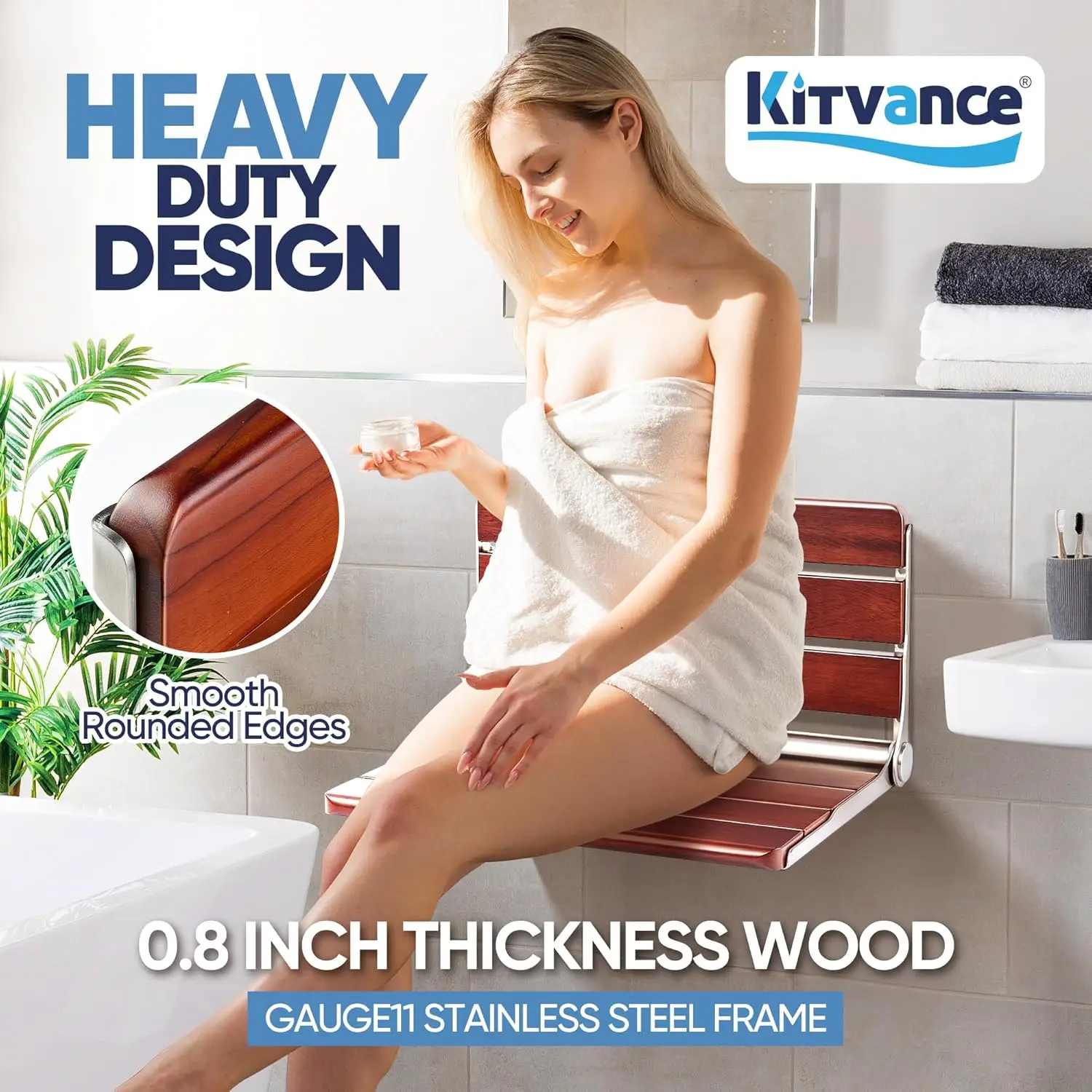 Upgraded 18" Folding Teak Shower Seat Wall Mounted-Teak Folding Shower Bench Wall Mounted,Teak Shower Seat Bench,Max Load 400lbs 4