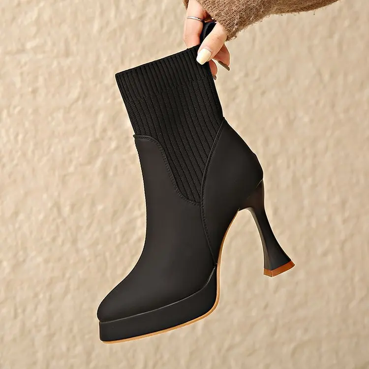 Elegante Damen Stiefeletten Mit Absatz Und Elastischer Schuhspitze_voghion.com