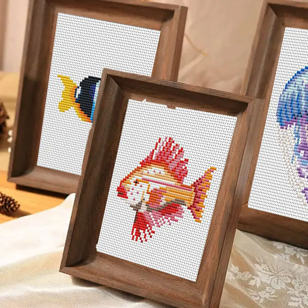 12pcs Fish Cross Stitch Set Seahorse Embroidery Kit Needlework Bathroom Decor Creative Hobbies Wall Paintings