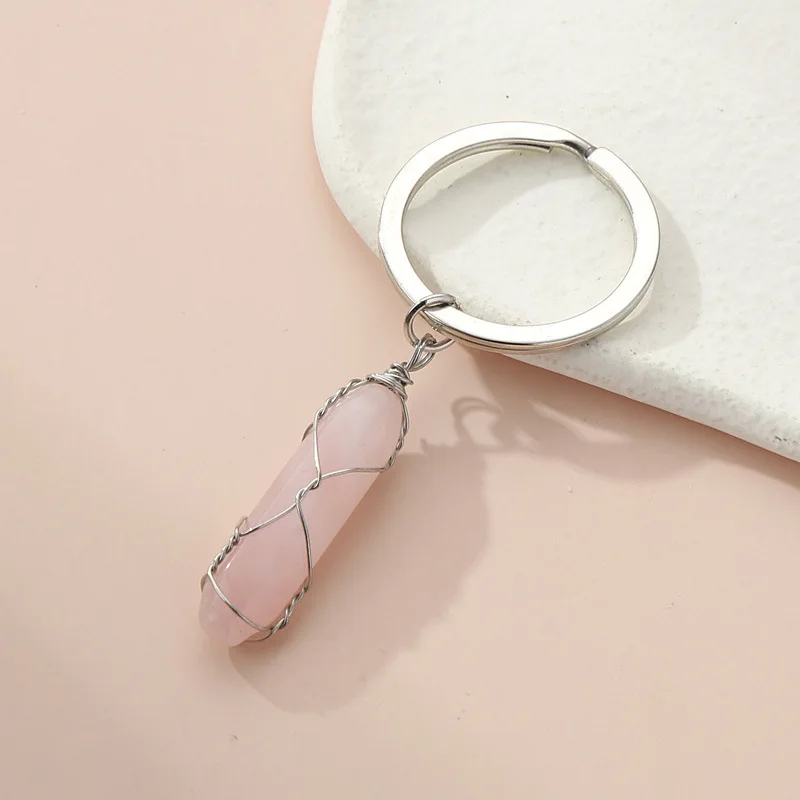 15pcs Natural Stone Wire Wrap Hexagonal prism Key Rings Keychains Healing Pink Crystal Car Decor Keyholder for Women Men