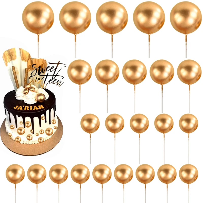 10Pcs 2-3cm Gold Silver Ball Cake Toppers Kids Happy Birthday Cake