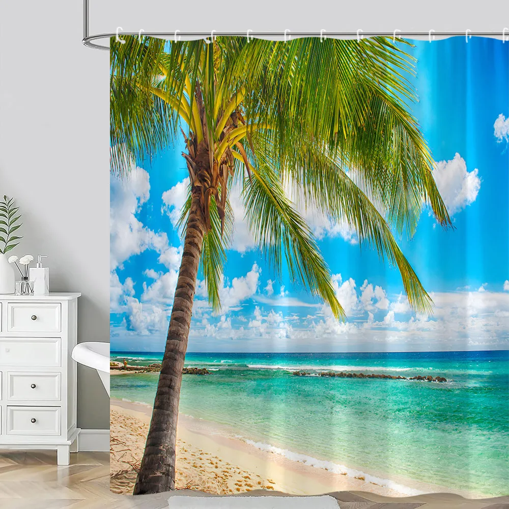 

Штора для душа с 3d-изображением океана, Полиэстеровая декоративная занавеска для ванной комнаты, пляжа, морских звезд, пальм, тропических пейзажей, лето