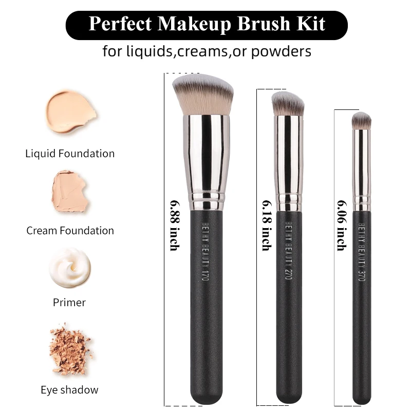 BPTRKOM 3er Set Foundation Pinsel Für Flüssige, Cremige & Pudrige Make-ups - Synthetik, Schwarz