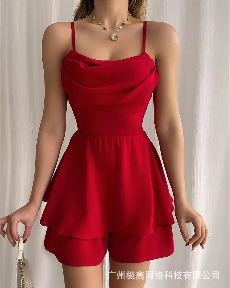 Elegant Woman Jumpsuits 2022 Summer New Red Sling Slim Jumpsuit Ladies Sexy High Waist Ruffle Jumpsuit