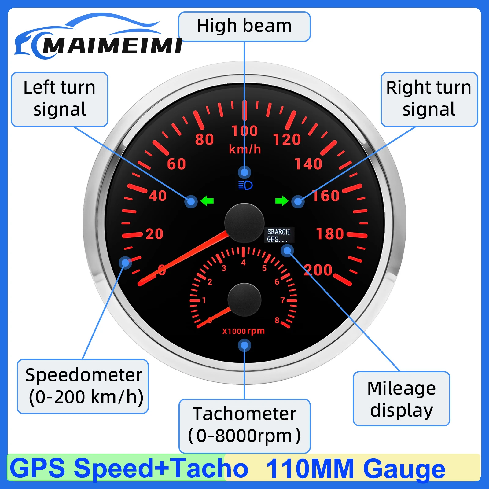 110mm Gauge 120KMH 200KMH GPS Speedometer Gauge Tachometer 0~8000RPM Turn Light GPS antenna Mileage Car Boat Custom 2 IN 1