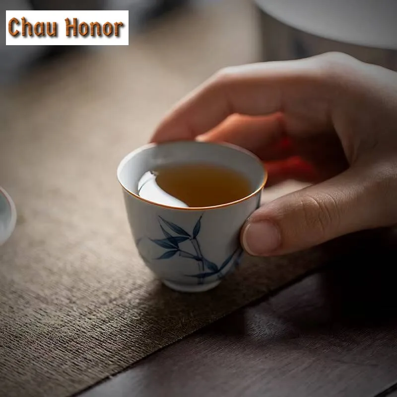 2pc/set Boutique Hand Painted Bamboo Art Ceramic Tea Tasting Cup Retro Small Single Master Cup Household Kung Fu Teaware 45ml