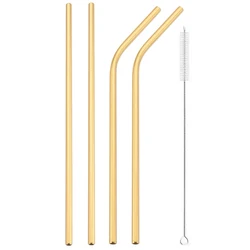 Eco-Friendly Reusable Silver Straw Set with Cleaning Brush, Stainless Steel Bent & Straight Straws (4pcs gold)