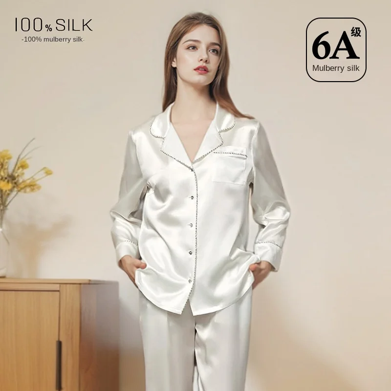 Women's 100% Mulberry Silk Pajama Set - All-Season Luxury Satin Sleepwear with Elegant Rhinestone Trim Soft And Breathable Loung 4
