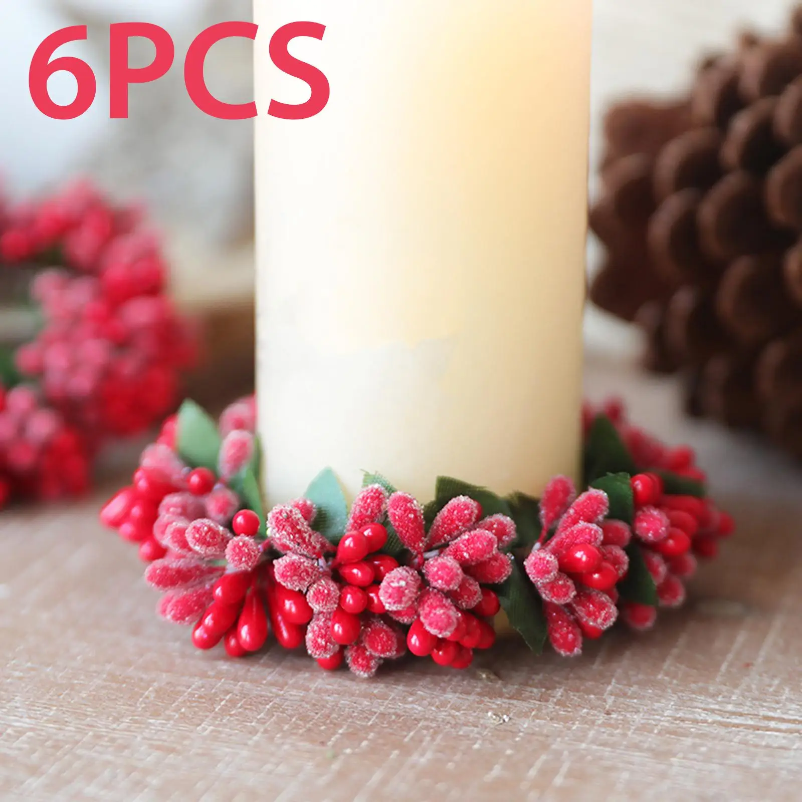 6Pcs Red Berries Candle Ring Wreath Greenery Wreath Ornament Small Candle Wreath