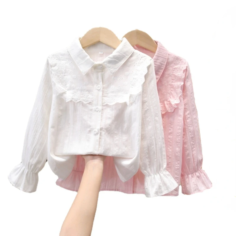 Spring Autumn Long Sleeve Kids Shirts School Girl Shirt Baby Toddler Teen Girls Lace White Blouse Tops Children Clothes kids shirts