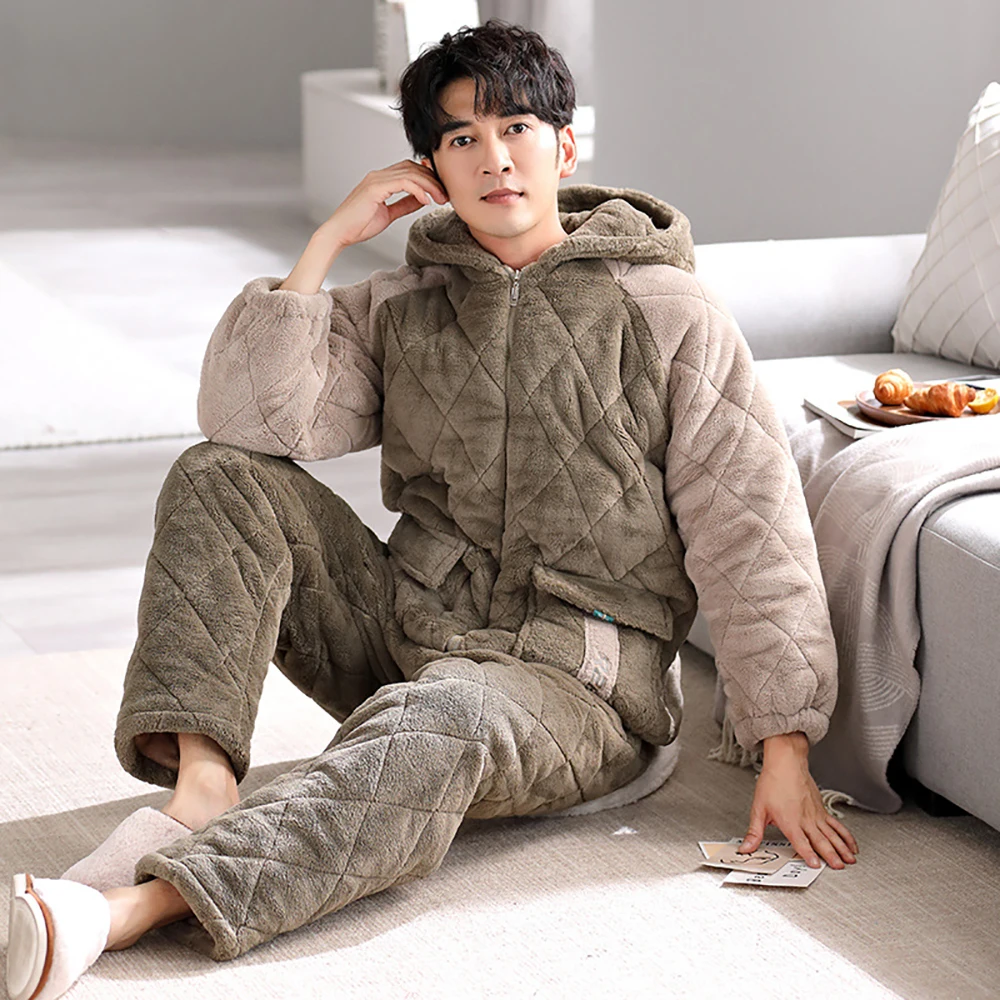 Coral Fleece 3-Layer Super Thicken Winter Sleepwear for Sleeping Korean Style Casual Pajamas for Men Warm Cozy Soft pyjama homme