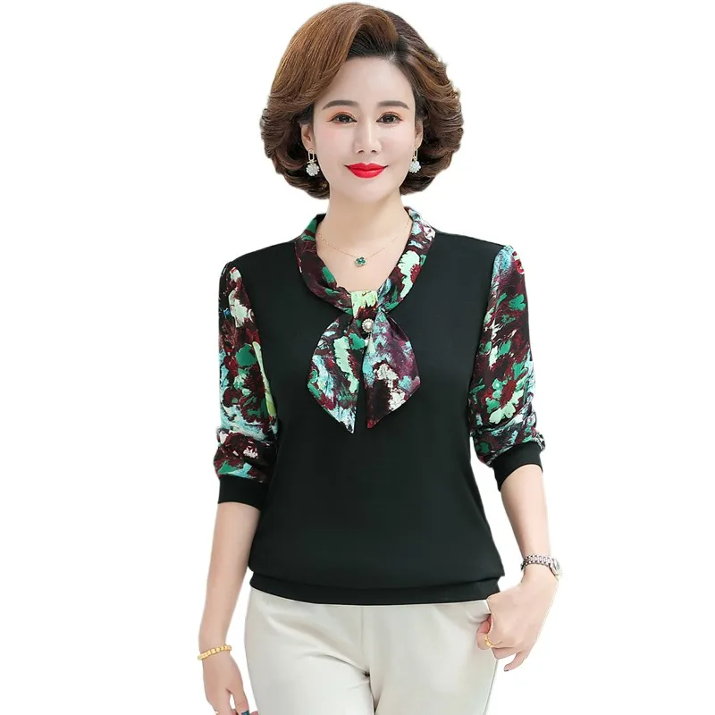

Fashion Korean half sleeve Chiffon Patchwork shirt Women Casual bow tie tee Ladies Mother long sleeves tops