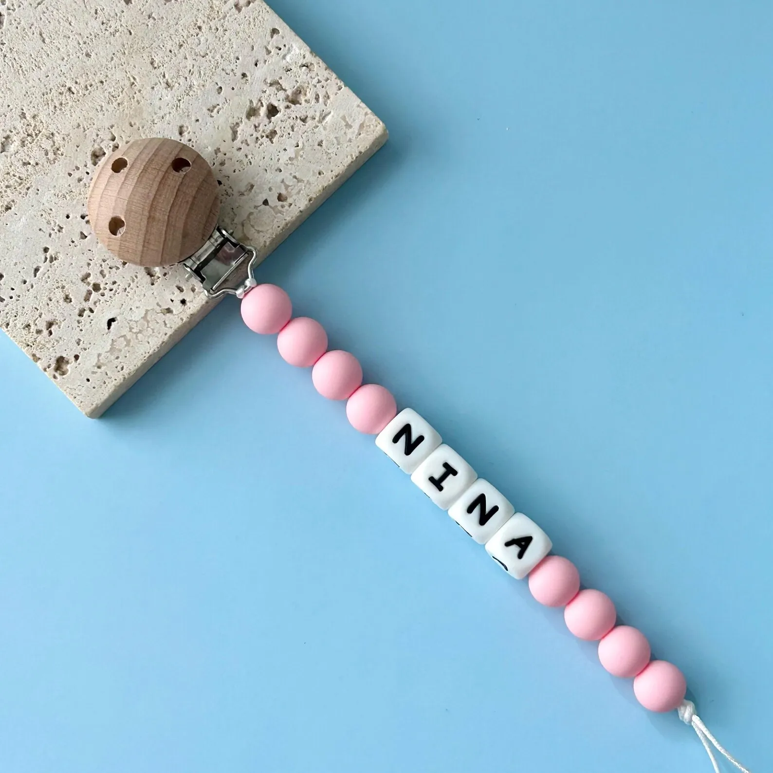 Baby Pacifier Clip with Silicone Alphabet Beads, Personalized Infant Teething Toy Holder