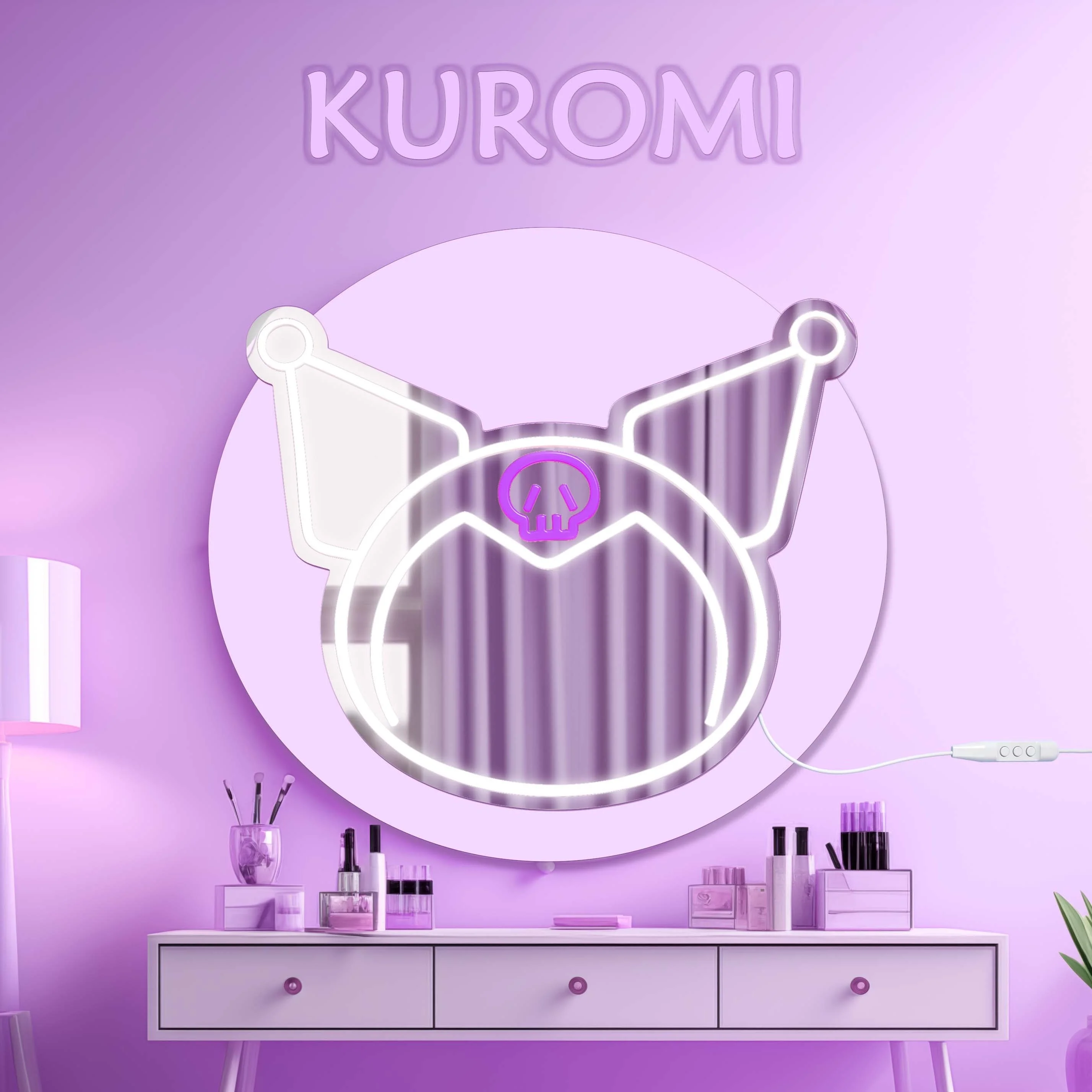 Sanrio Kuromi Neon Makeup Mirror Decor Adjustable Brightness For Room Bedroom Makeup neon makeup mirror