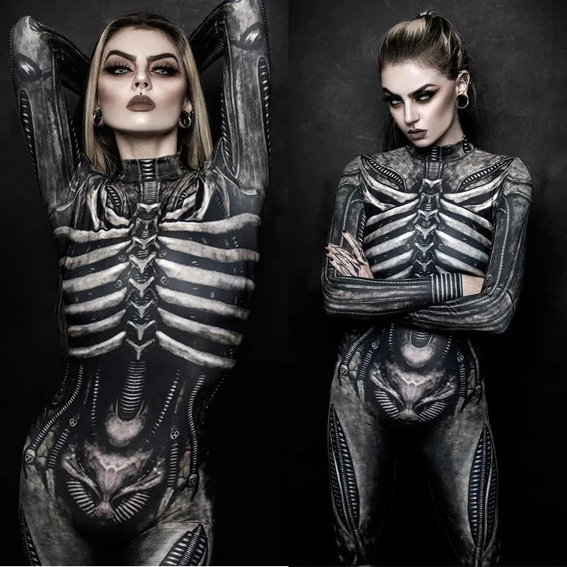 

Horror Cosplay Skeleton Jumpsuit Halloween Costumes Slim Humen Body Women Zentai Skull Ghost Tight Suit Carnival Dress Up Party