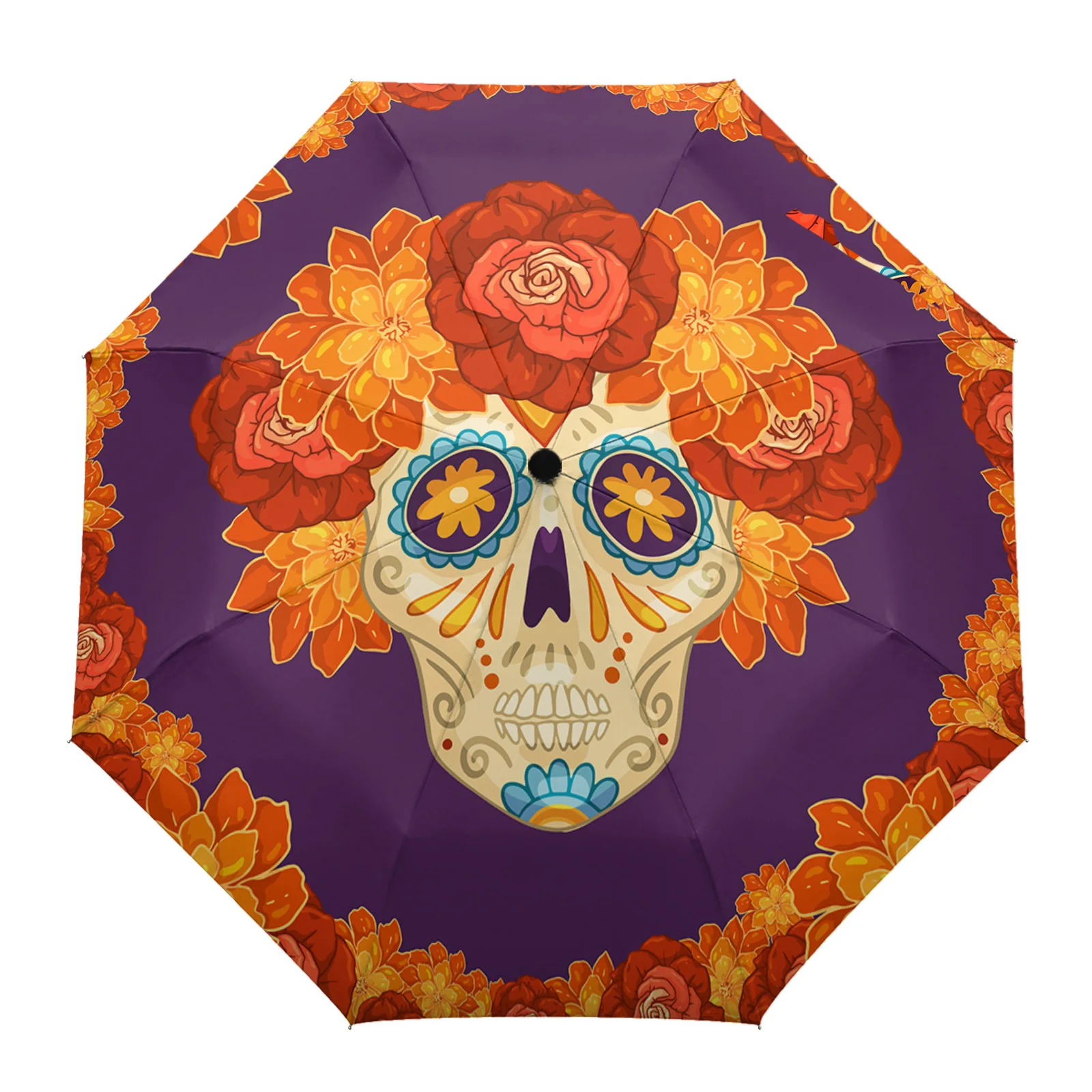 

Mexican Halloween Flower Skull Automatic Umbrella for Rain Foldable Parasol Umbrella Eight strand Outdoor Umbrellas
