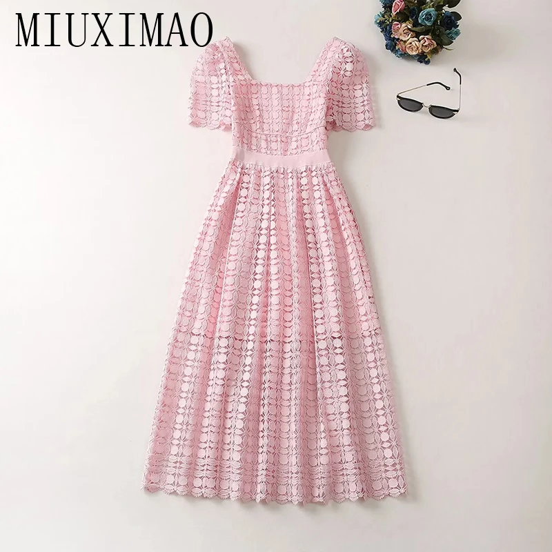 

MIUXIMAO 2023 High Quality Spring&Summer Elegant Dress Short Sleeve Square Neck Lace Solid Fashion Long Dress Women Vestide